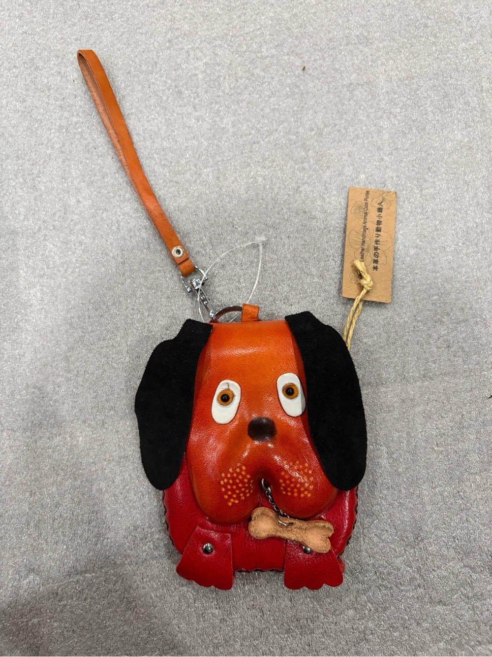 Handcrafted Leather Red & Orange Dog Coin Purse with Wrist Strap key chain